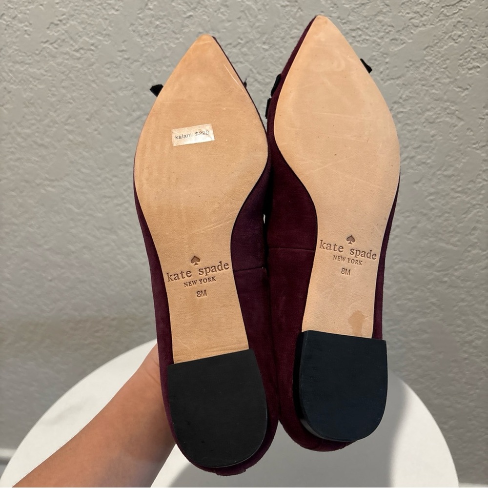 kate spade Burgundy Suede Pointed-Toe Flats with Black Ribbon Trim - Picture 9 of 12